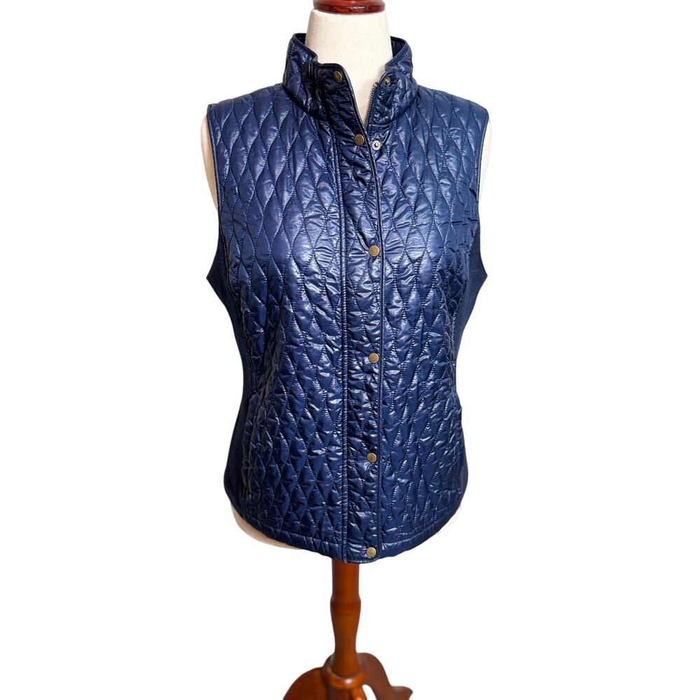 Talbots quilted puffer vest blue knit side panels zip & snap close pockets Sz L